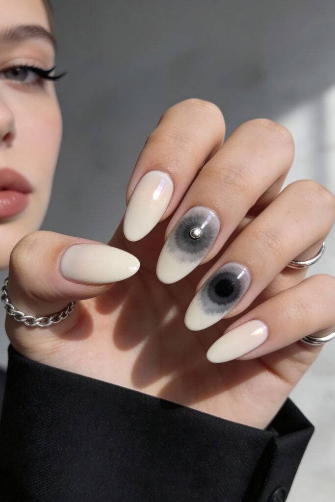 Neutral almond nails with cream tones and smoky black tie-dye accents, one featuring a silver bead, adding a mysterious and artistic Nail Art Ideas twist.