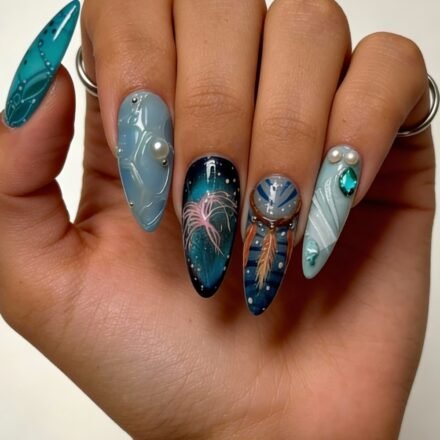Hand with long almond-shaped nails featuring an oceanic theme in blue and teal tones, with detailed feather and jellyfish-like designs, pearls, gemstones, and fine line art, evoking a mystical, avatar nails aesthetic.