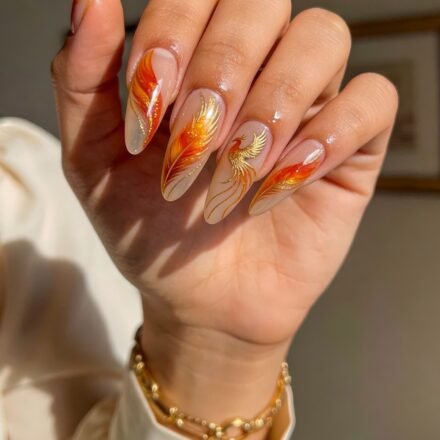 Long almond Fire Nails with nude base and orange-gold phoenix feather artwork, glossy finish