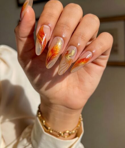 Long almond Fire Nails with nude base and orange-gold phoenix feather artwork, glossy finish
