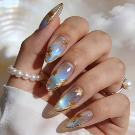 Goddess Nails iridescent blue chrome almond nails with gold leaf foil and glitter tips, styled with pearl jewelry in soft light
