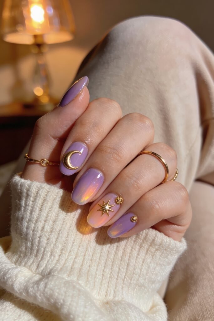 Lavender ombré almond nails with gold crescent moon and star charm, hand in cozy knit sleeve by a warm lamp