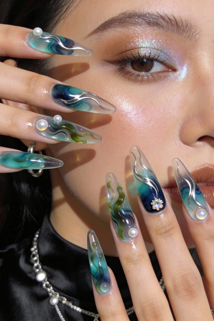 Long transparent avatar nails with flowing aqua and olive swirls, silver chrome lines, pearl accents, and a jeweled flower centerpiece, paired with shimmery makeup for a futuristic aquatic look.