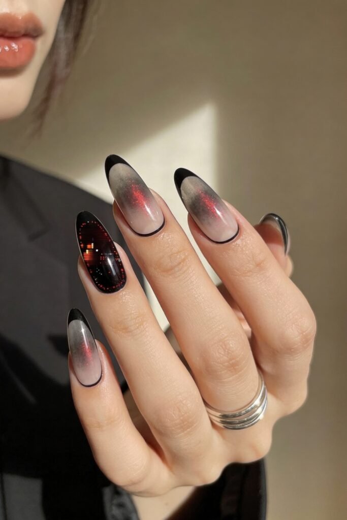 Gradient black-to-clear nails with subtle red shimmer, one nail featuring a black screen design inspired by retro electronics, echoing the Stranger Things aesthetic.