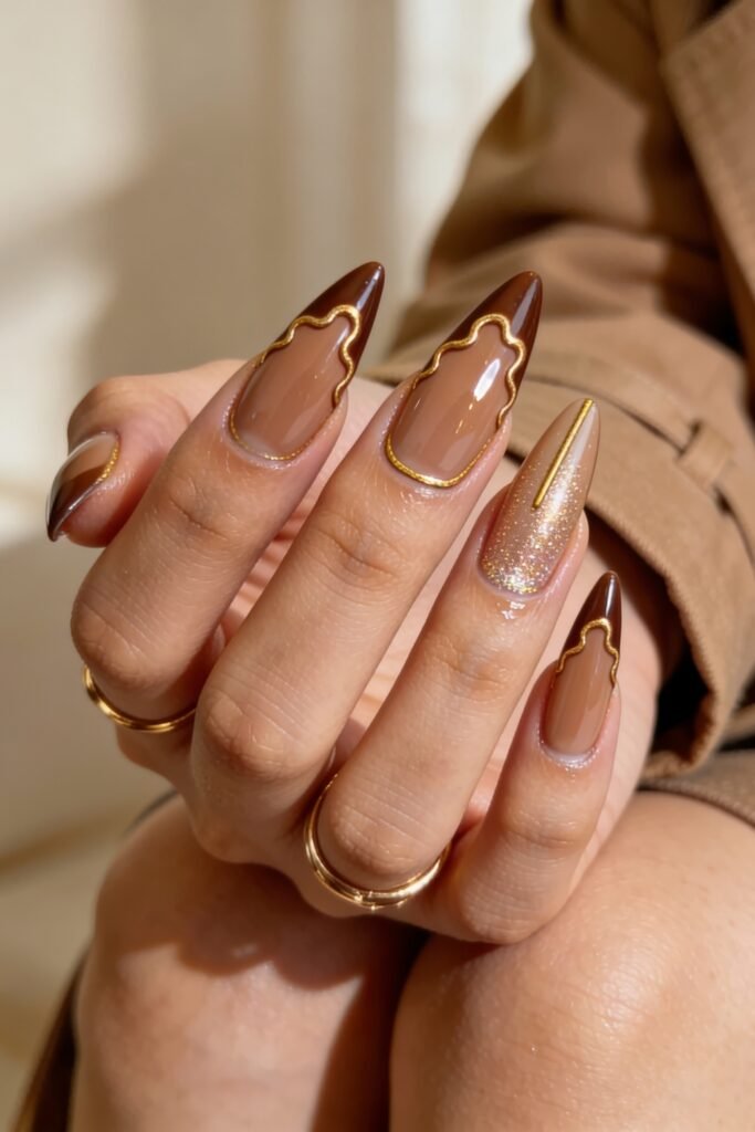 A mix of chocolate and caramel brown almond Goddess Nails decorated with wavy gold outlines, metallic stripes, and a sparkling gold accent nail