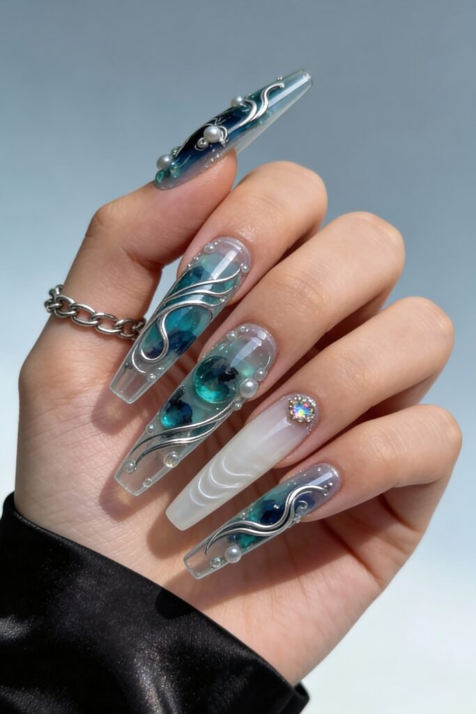 Striking long clear nails with embedded teal gem-like patterns, metallic silver wave overlays, miniature pearls, and a sculpted milky white design, creating a high-gloss avatar nails effect.