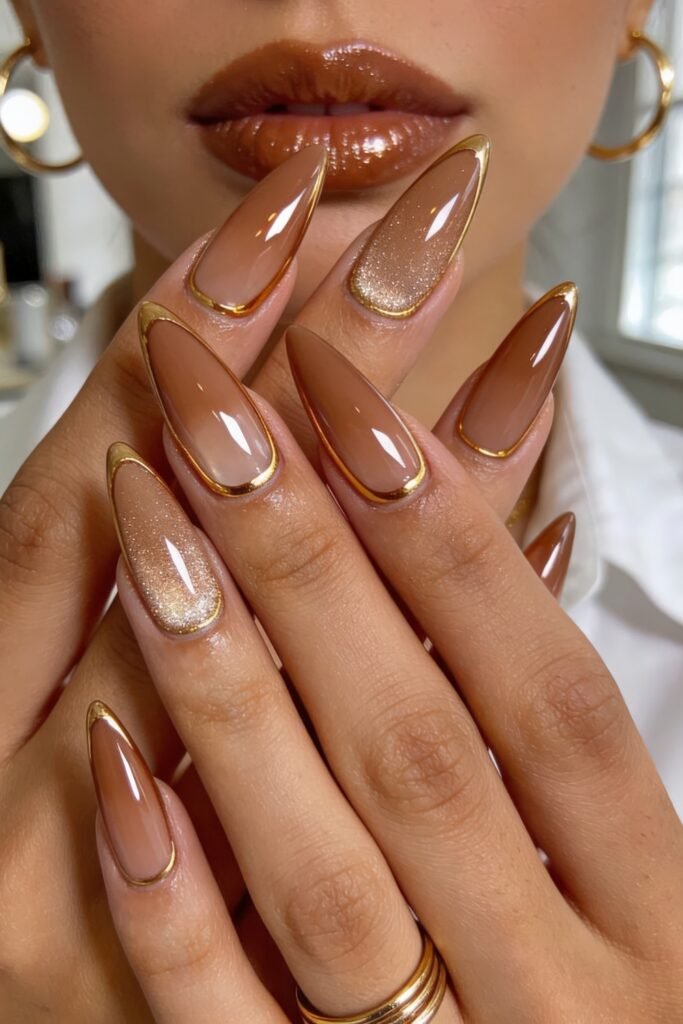 Long almond Goddess Nails with a smooth dark brown to sheer gradient, elegantly framed by thin metallic gold borders around the entire edge