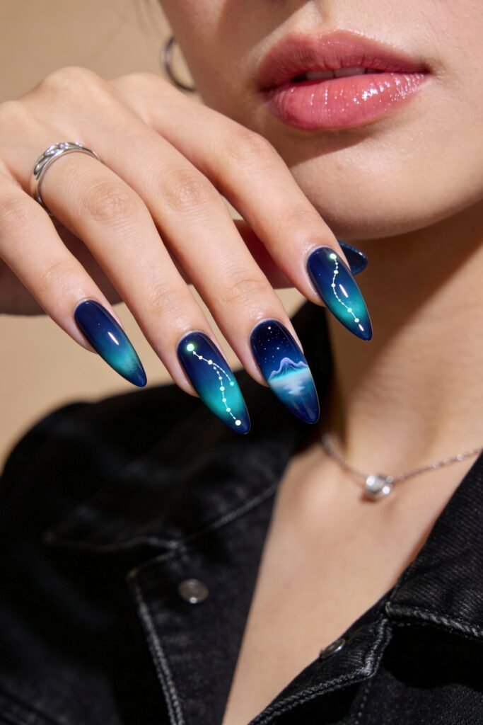 Almond-shaped nails with a deep blue-to-teal gradient, constellations in glowing white dots, and a mountain reflecting over water beneath a starry sky, combining celestial and natural elements.