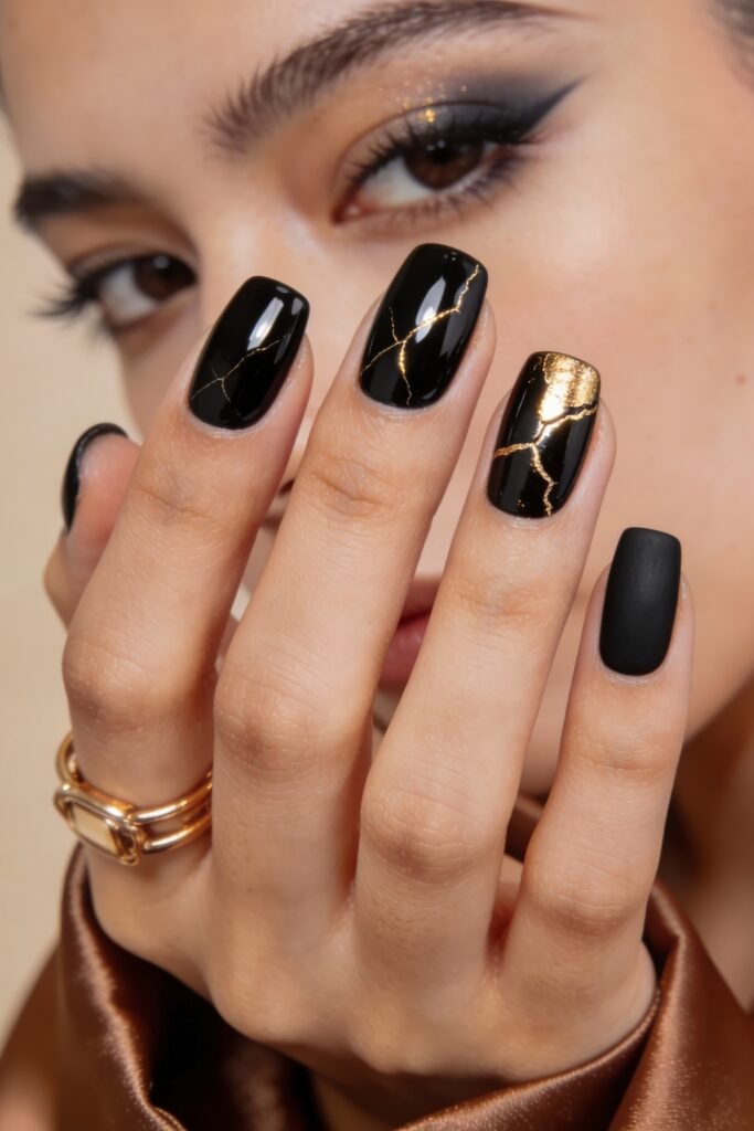 Square glossy black Goddess Nails detailed with fine gold Kintsugi-style crack lines, featuring one matte black nail and a gold foil accent