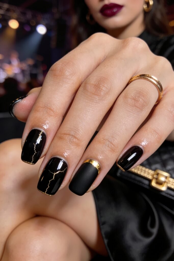 A hand with short square glossy black Goddess Nails showing delicate gold crackle designs and a single matte black accent nail with a thick gold cuticle cuff