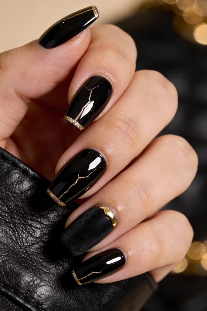 Coffin-shaped black nails with gold kintsugi patterns and a luxurious matte black finish on the ring finger.
