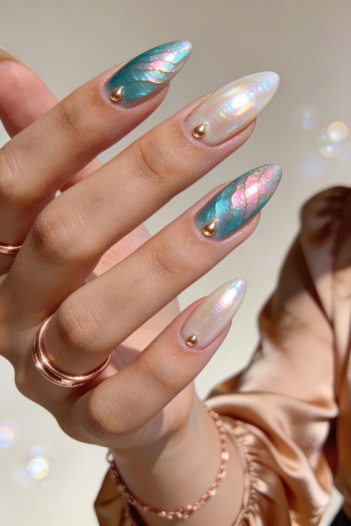 Iridescent almond nails with a mermaid scale texture in teal and pink shifts, accented by gold teardrops.