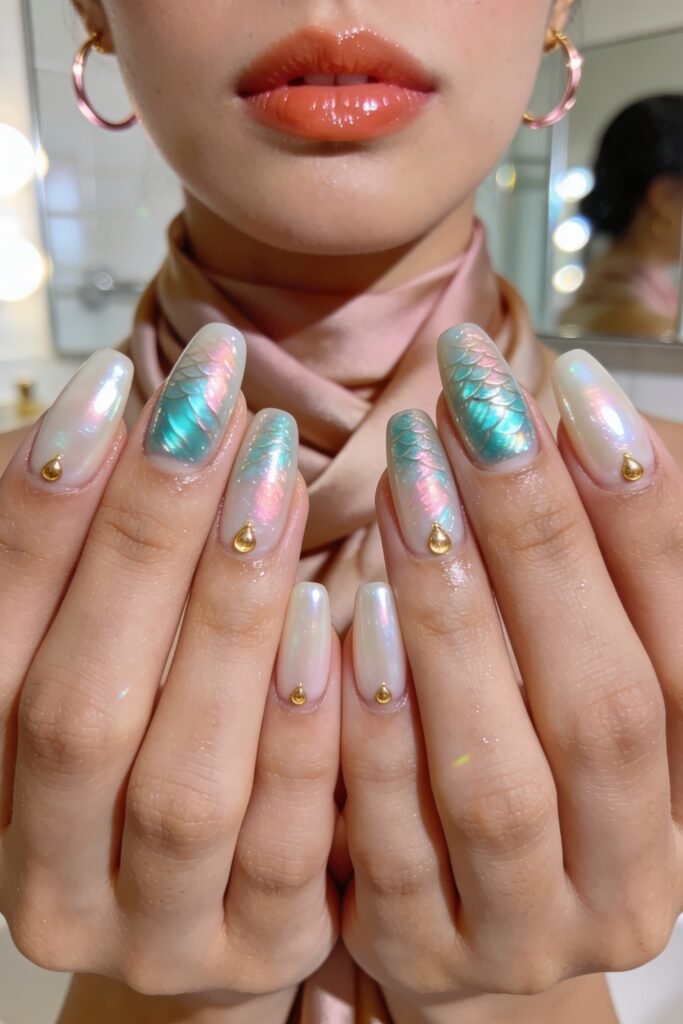 Shimmering pearl Goddess Nails featuring teal scales and rose gold accents for a mystical aquatic look.