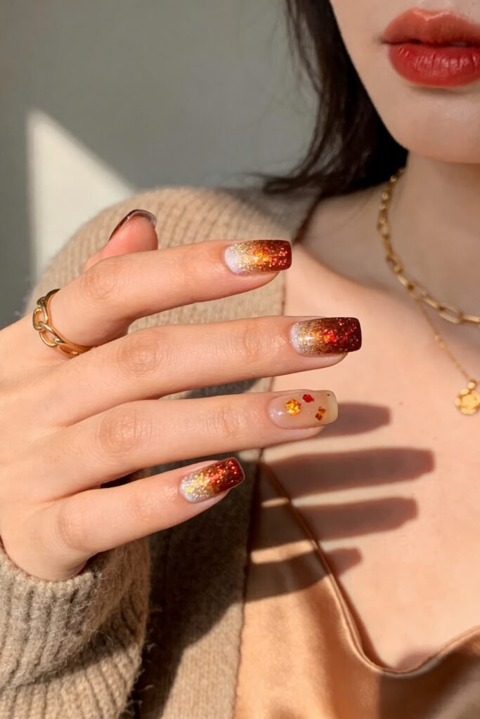 Fire Nails That Look Expensive and Feel Effortless 25 Short square nails with nude base and copper-glitter ombré tips, one accent nail with autumn confetti flecks