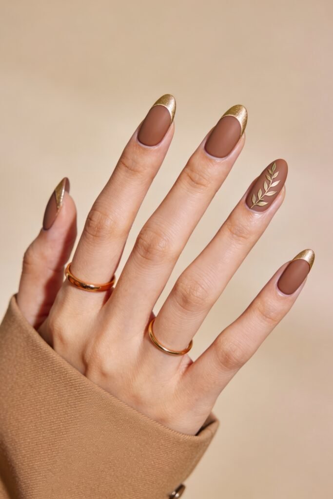 Matte chocolate brown almond nails with gold foil French tips and a delicate gold leaf branch design.