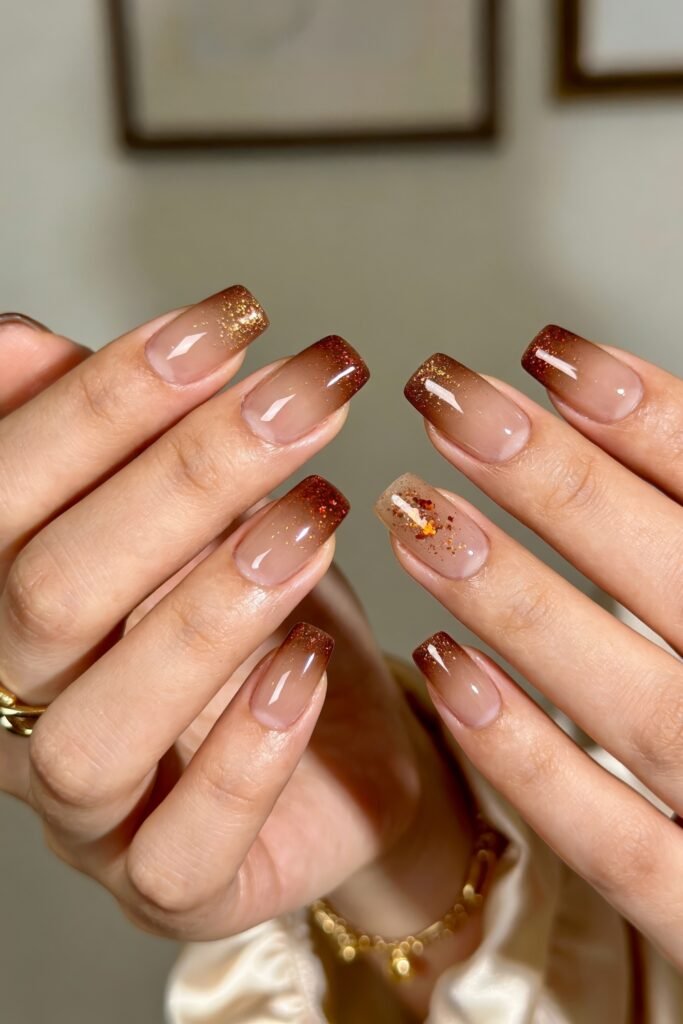 Fire Nails That Look Expensive and Feel Effortless 26 Both hands showing nude square nails with brown glitter tips and scattered gold shimmer accents