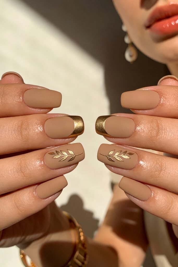 Short square matte tan nails with a single metallic gold tip and leaf-inspired Goddess Nails accents.