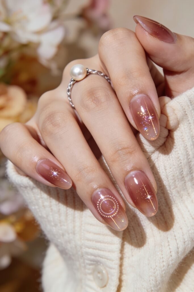 Dreamy Goddess Nails in a dusty rose hue with shimmering starbursts and mystical geometric circle patterns.