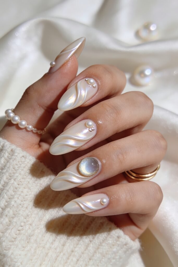 Iridescent white goddess nails with 3D swirl patterns and delicate pearl embellishments on almond shaped tips.