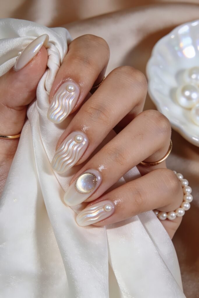 Elegant pearl goddess nails with textured wavy ridges and a large opal center stone held against white silk.