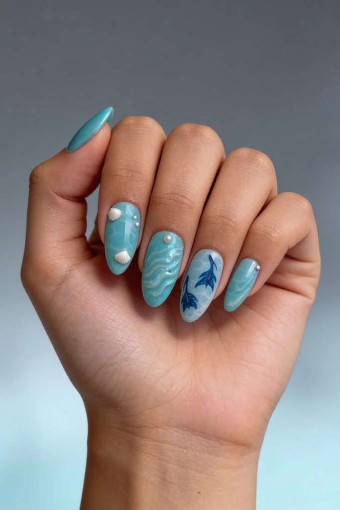 Turquoise and light blue ocean-inspired nails with 3D seashells, pearls, flowing wave patterns, and silhouette dolphins, channeling a serene undersea theme.