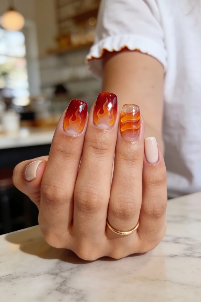 Fire Nails That Look Expensive and Feel Effortless 3 Fire Nails short square manicure with red-to-orange flame design and glossy amber gel accent nail