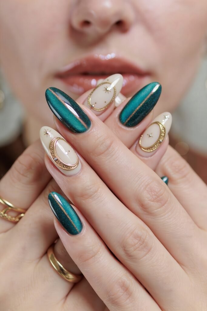 Teal metallic almond nails with gold stripe and cream accent nails with ornate gold frames and tiny star details near the face