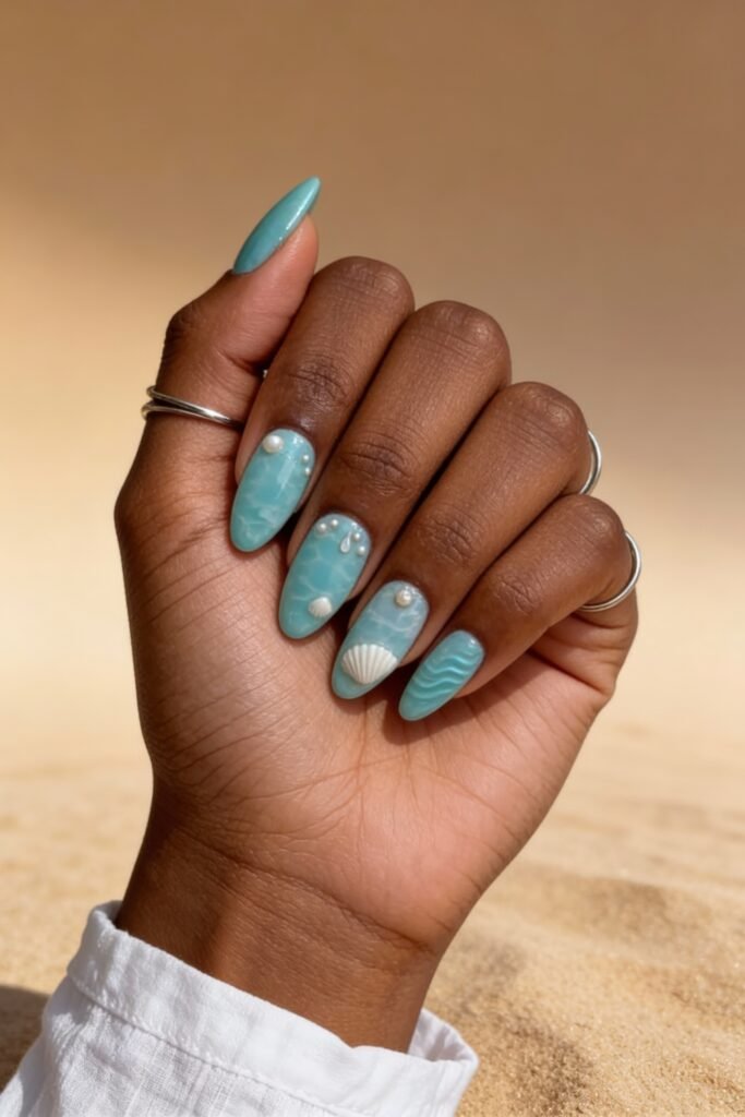 Sandy beach backdrop with turquoise avatar nails featuring water ripple designs, realistic pearl and shell accents, and a glossy aquatic finish.