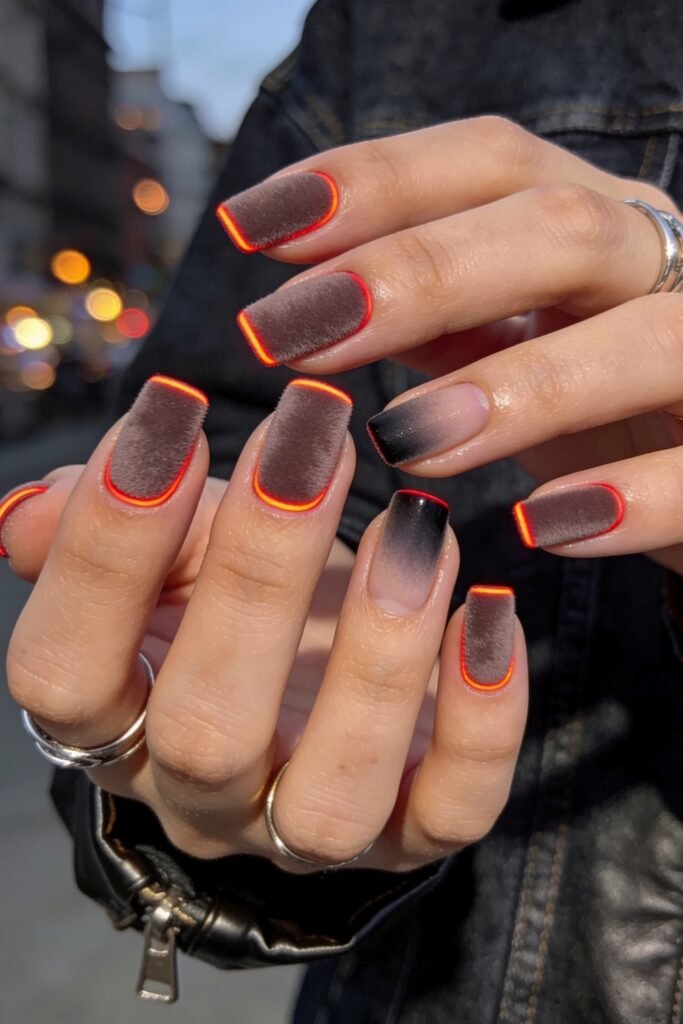 Fire Nails That Look Expensive and Feel Effortless 5 Matte charcoal square nails edged in neon red with a black ombré accent nail, city lights blurred behind