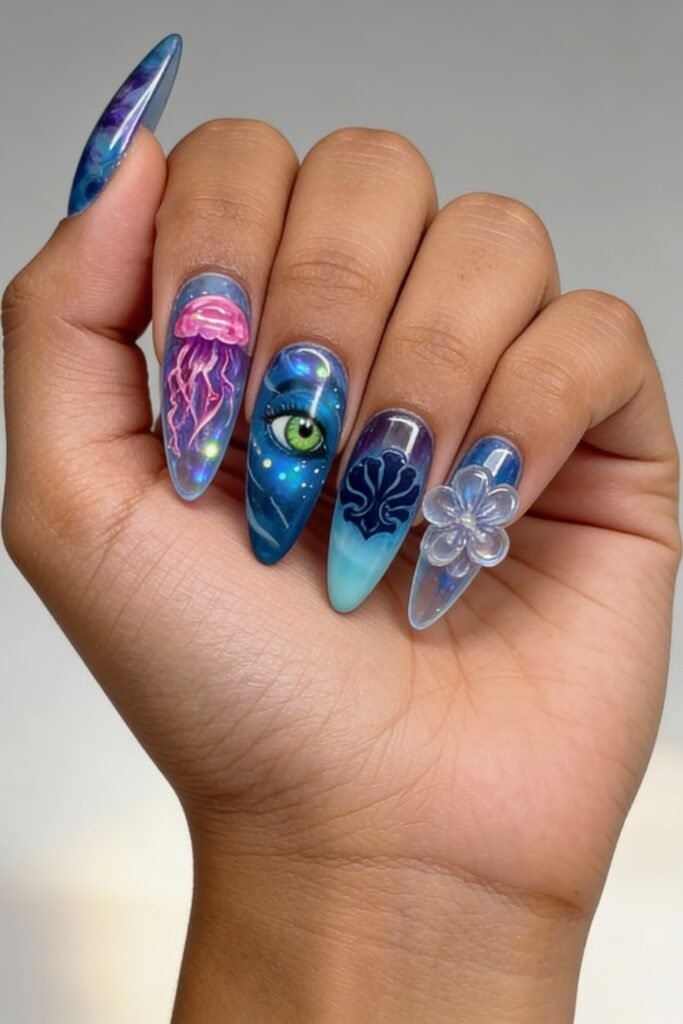 Long stiletto avatar nails in vibrant blue and purple, including a glowing jellyfish, a vivid green eye, deep sea coral, and a 3D flower, blending bioluminescence and fantasy.