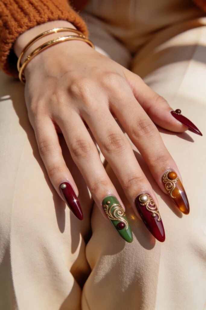 Single hand with burgundy, green, and amber stiletto nails decorated with ornate gold swirls and bead accents in warm sunlight