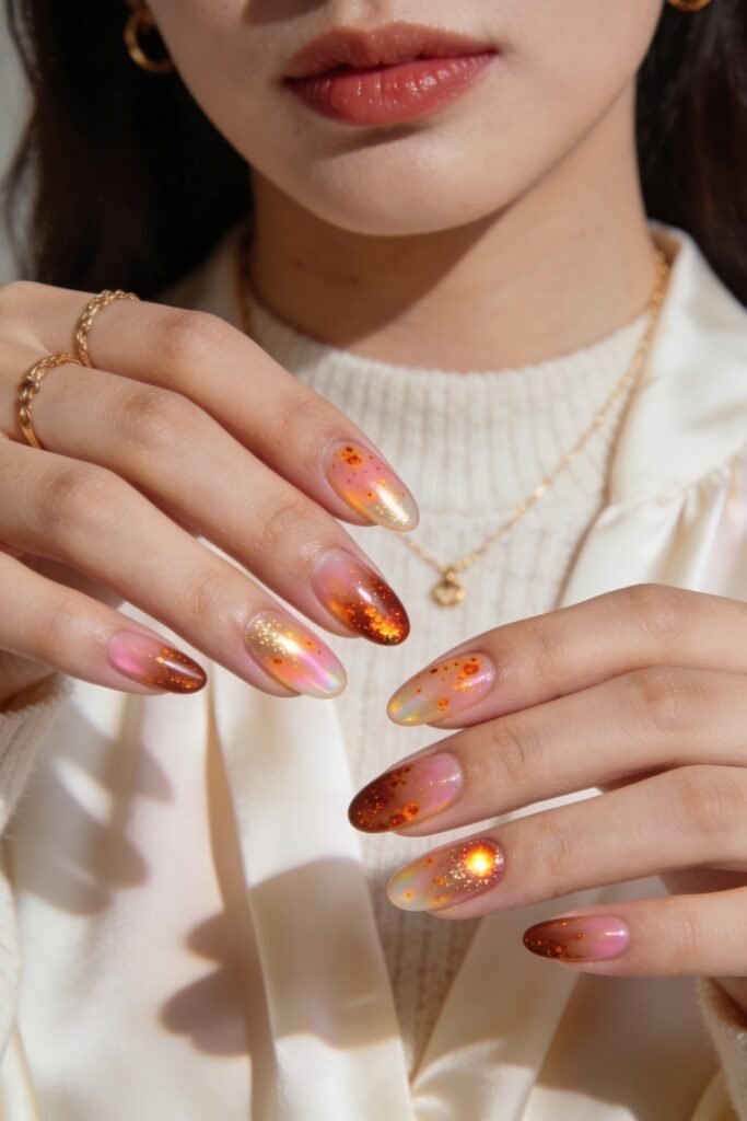 Fire Nails That Look Expensive and Feel Effortless 8 Almond nails with sheer pink base, gold chrome shine, and scattered amber foil flecks, hands near face