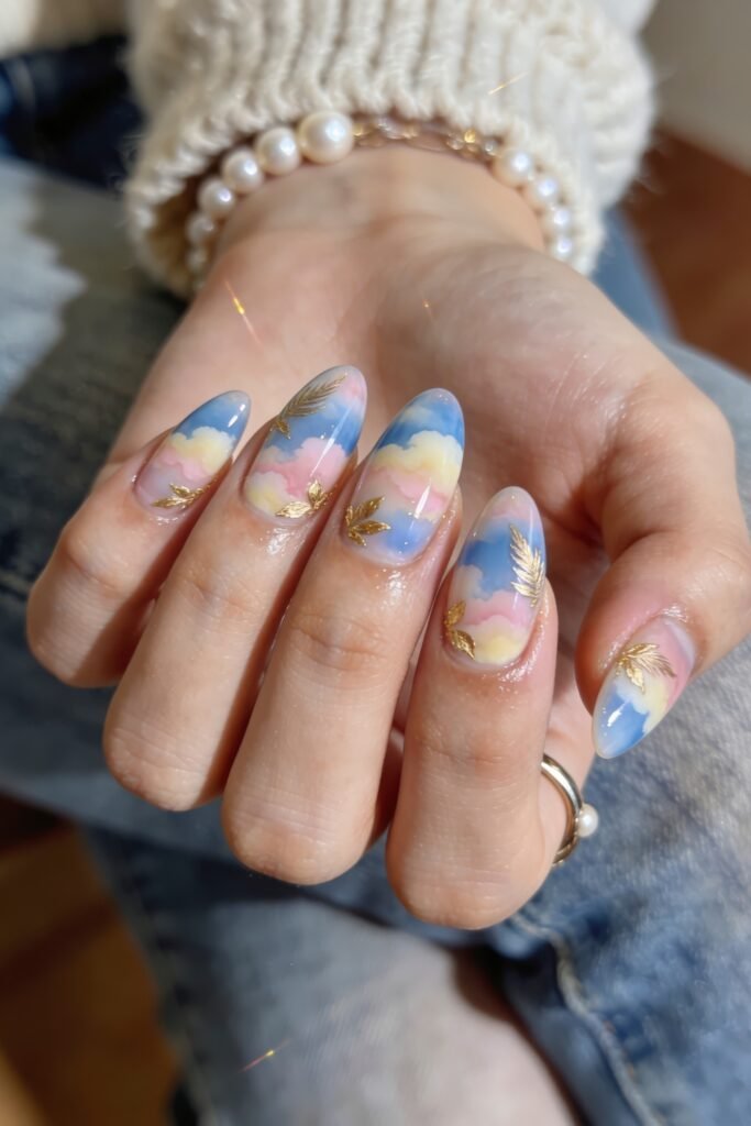 Pastel cloud nails with blue, pink, and yellow ombré and delicate gold leaf details, hand wearing a pearl bracelet