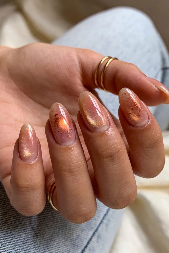 Fire Nails That Look Expensive and Feel Effortless 9 Nude almond nails with champagne shimmer and copper flake speckles, close-up of hand with rings