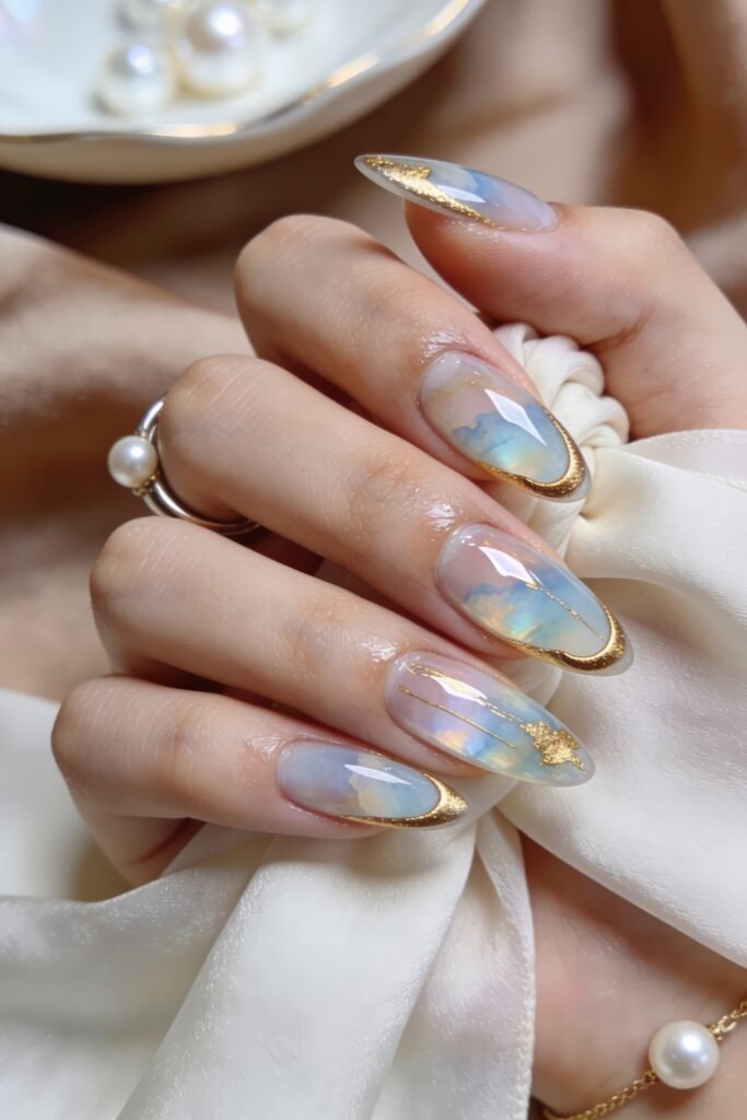 Goddess Nails pastel cloud almond nails with iridescent sheen, gold foil accents, and gilded edges, hand holding a satin scrunchie with pearl jewelry