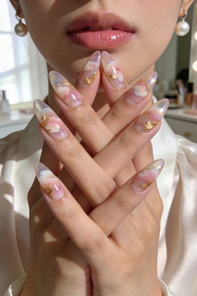 Long translucent pink cloud nails with gold leaf accents, hands crossed near glossy lips and pearl earrings in soft daylight