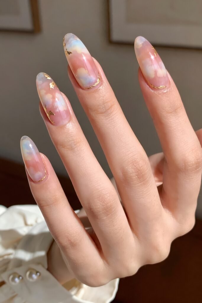 Sunlit close-up of pink and blue cloud almond nails with gold foil details and a glossy jelly finish