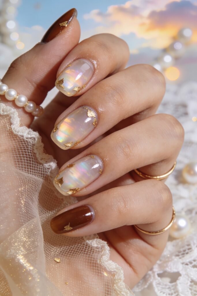 Pearly chrome short nails with scattered gold leaf flakes and a glossy chocolate brown accent nail on lace fabric
