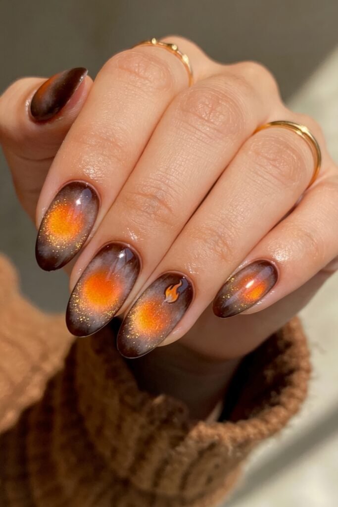 Fire Nails That Look Expensive and Feel Effortless 10 Smoky brown ombré almond Fire Nails with glowing orange aura centers and subtle gold shimmer