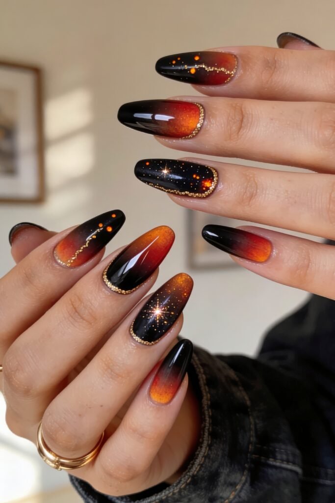 Fire Nails That Look Expensive and Feel Effortless 15 Two hands showing black and burnt-orange ombré Fire Nails with gold beaded edging and starry sparkle details