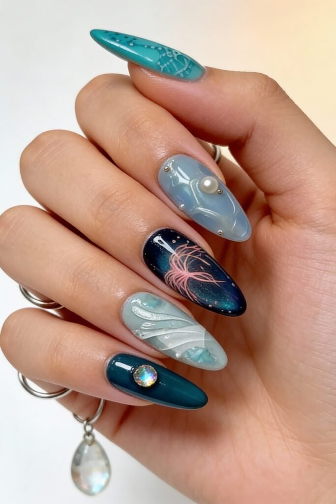 Mixed-media avatar nails in turquoise and pale blue tones with 3D pearl and gem accents, soft jelly textures, and a glowing jellyfish illustration on a black background.