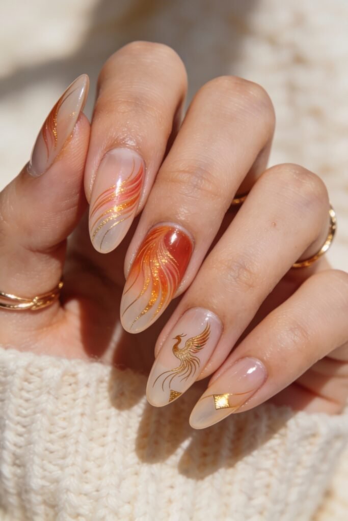 Fire Nails That Look Expensive and Feel Effortless 16 Almond Fire Nails with nude base, orange-gold phoenix feather designs, and metallic gold accents