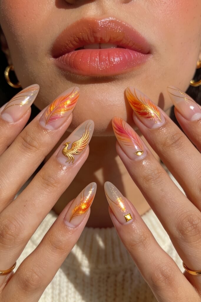 Fire Nails That Look Expensive and Feel Effortless 17 Hands near lips displaying almond Fire Nails with shimmering orange feather art and a gold phoenix accent