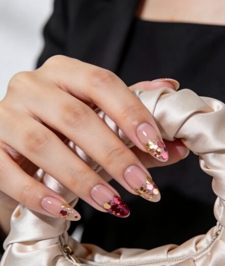 Close-up of a hand with long almond nude pink nails decorated with pink, burgundy, and gold glitter confetti, holding a cream satin pouch