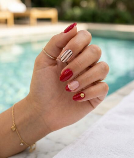 Poolside close up of almond nails with glossy red polish a striped accent nail and a tiny gold shell charm for a chic summer manicure