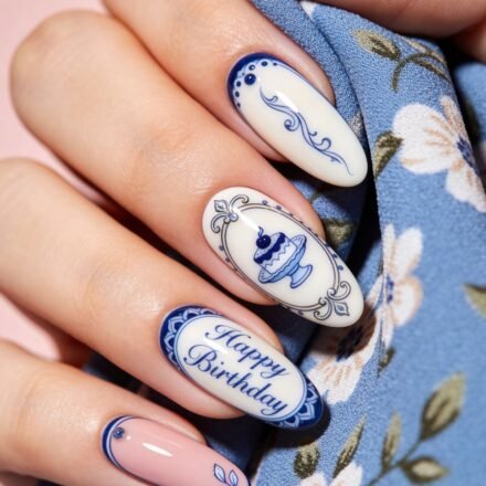 Blue Birthday Nails That Make Every Celebration Shine Close-up of a hand with long porcelain-inspired blue and white nails, featuring delicate floral scrollwork, a cake illustration, and Happy Birthday lettering against blue floral fabric