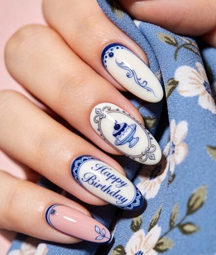 Close-up of a hand with long porcelain-inspired blue and white nails, featuring delicate floral scrollwork, a cake illustration, and Happy Birthday lettering against blue floral fabric