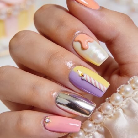 Summer Birthday Nails That Feel Fresh and Fun Hand with pastel manicure featuring peach yellow pink and lavender nails with 3D icing candle pearl and chrome accents beside a pearl trimmed satin accessory