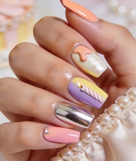 Hand with pastel manicure featuring peach yellow pink and lavender nails with 3D icing candle pearl and chrome accents beside a pearl trimmed satin accessory