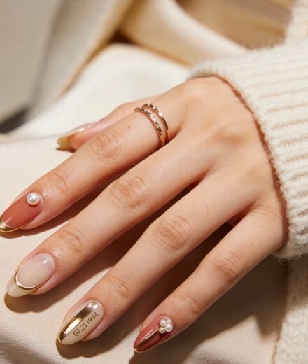 Close-up of a hand on cream satin with almond-shaped nude and ivory nails featuring gold French tips, pearl accents, and a date detail reading 07.21.1994